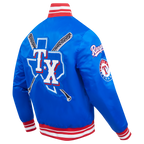 MLB TEXAS RANGERS MASH UP BLOUSON EN SATIN À BORDS CÔTELÉS POUR HOMME (BLEU ROYAL/ROUGE)
