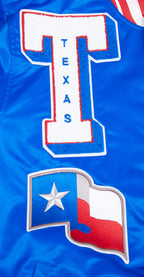 MLB TEXAS RANGERS MASH UP BLOUSON EN SATIN À BORDS CÔTELÉS POUR HOMME (BLEU ROYAL/ROUGE)