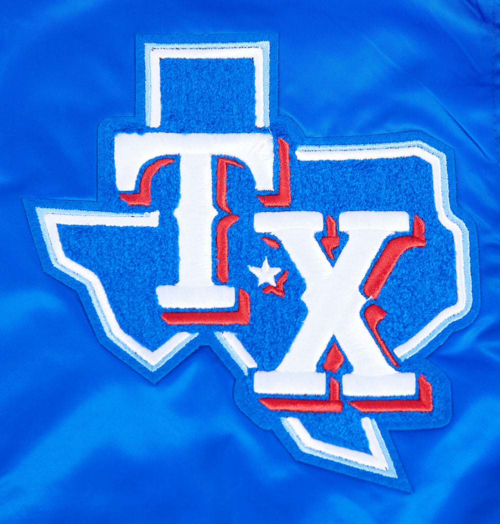 MLB TEXAS RANGERS MASH UP BLOUSON EN SATIN À BORDS CÔTELÉS POUR HOMME (BLEU ROYAL/ROUGE)