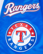 MLB TEXAS RANGERS MASH UP BLOUSON EN SATIN À BORDS CÔTELÉS POUR HOMME (BLEU ROYAL/ROUGE)