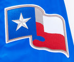 MLB TEXAS RANGERS MASH UP BLOUSON EN SATIN À BORDS CÔTELÉS POUR HOMME (BLEU ROYAL/ROUGE)