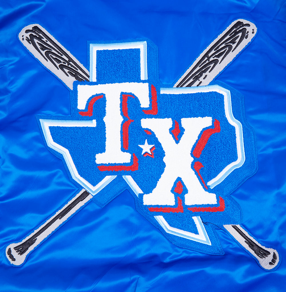MLB TEXAS RANGERS MASH UP BLOUSON EN SATIN À BORDS CÔTELÉS POUR HOMME (BLEU ROYAL/ROUGE)