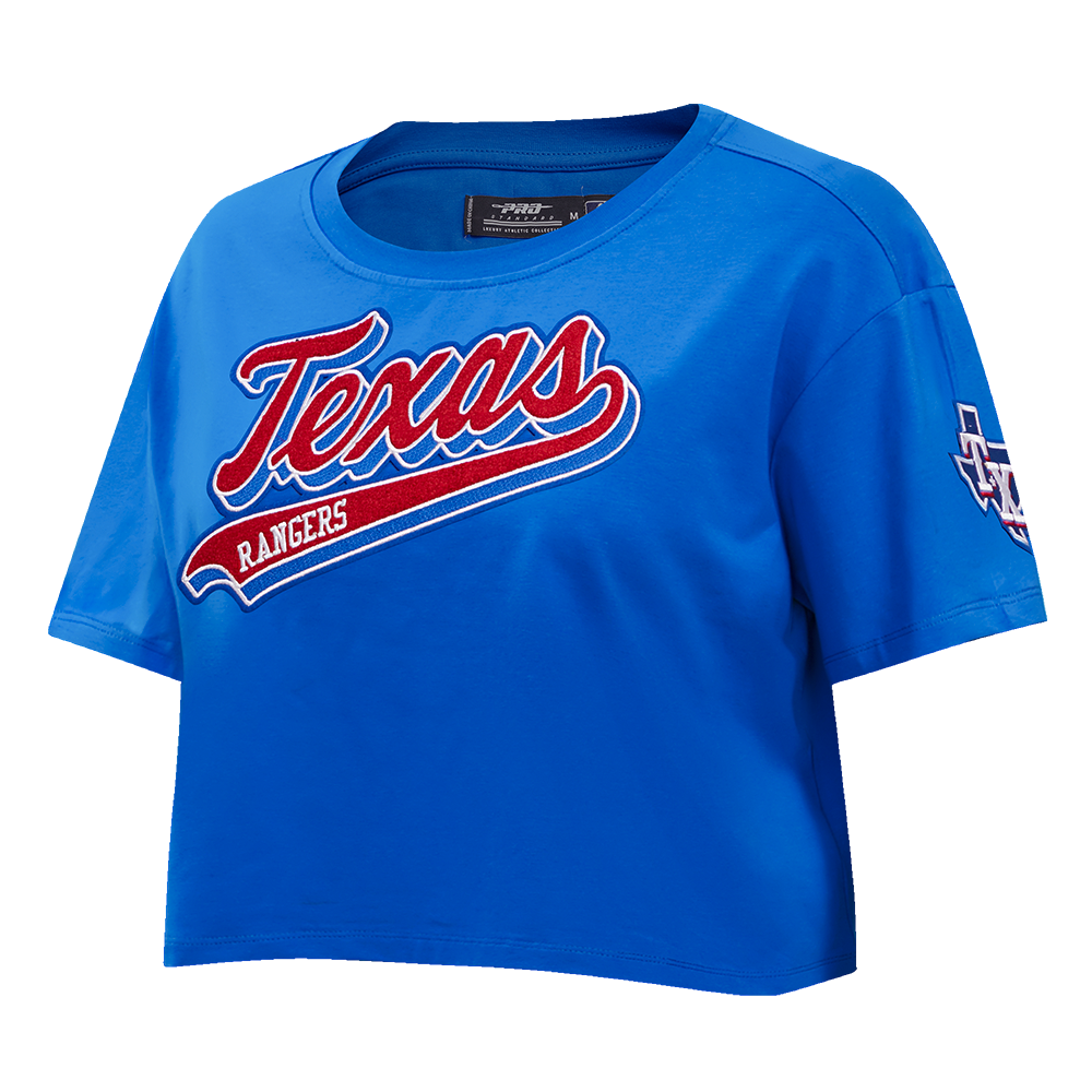 MLB TEXAS RANGERS SCRIPT TAIL WOMEN'S SINGLE JERSEY BOXY TOP (ROYAL BLUE)