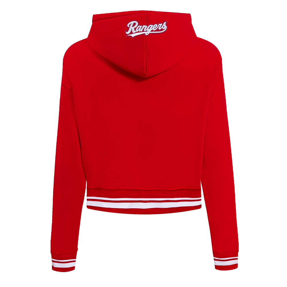 MLB TEXAS RANGERS SCRIPT TAIL WOMEN'S RIB FLEECE CROPPED PULLOVER HOODIE (RED)