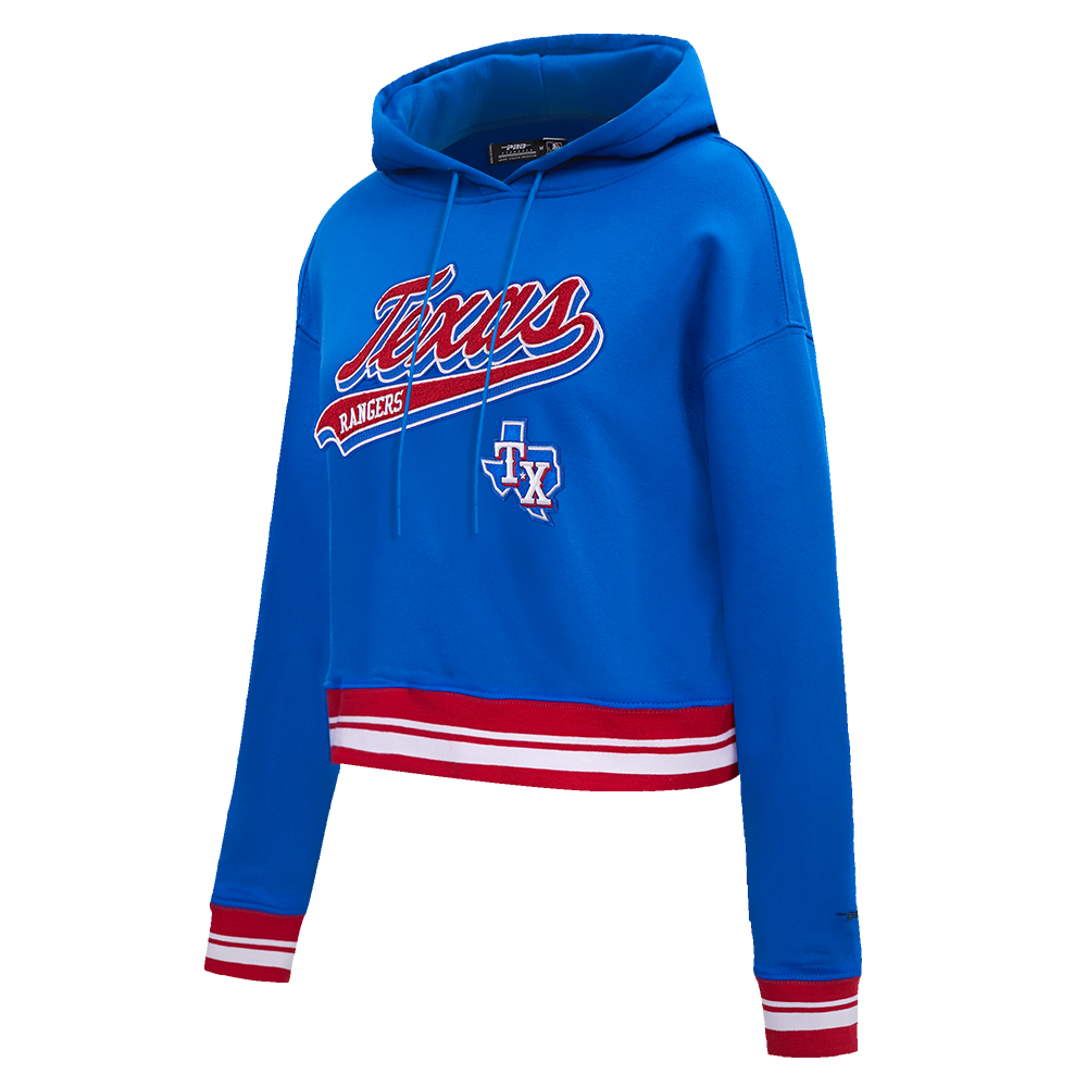 MLB TEXAS RANGERS SCRIPT TAIL WOMEN'S RIB FLEECE CROPPED PULLOVER HOODIE (ROYAL BLUE/RED)