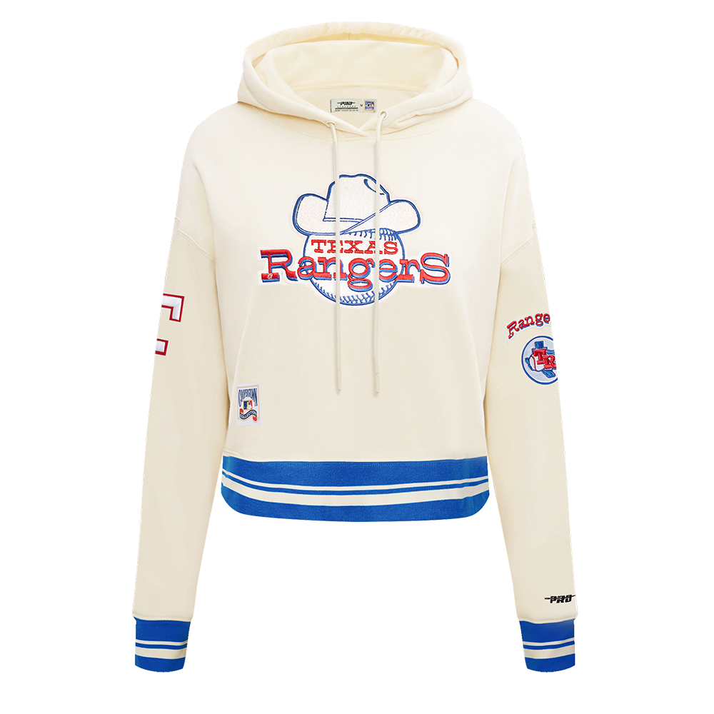MLB TEXAS RANGERS RETRO CLASSIC CHANDAIL À CAPUCHON COURT CÔTELÉ POUR FEMME (COQUILLE D'ŒUF/BLEU ROYAL)
