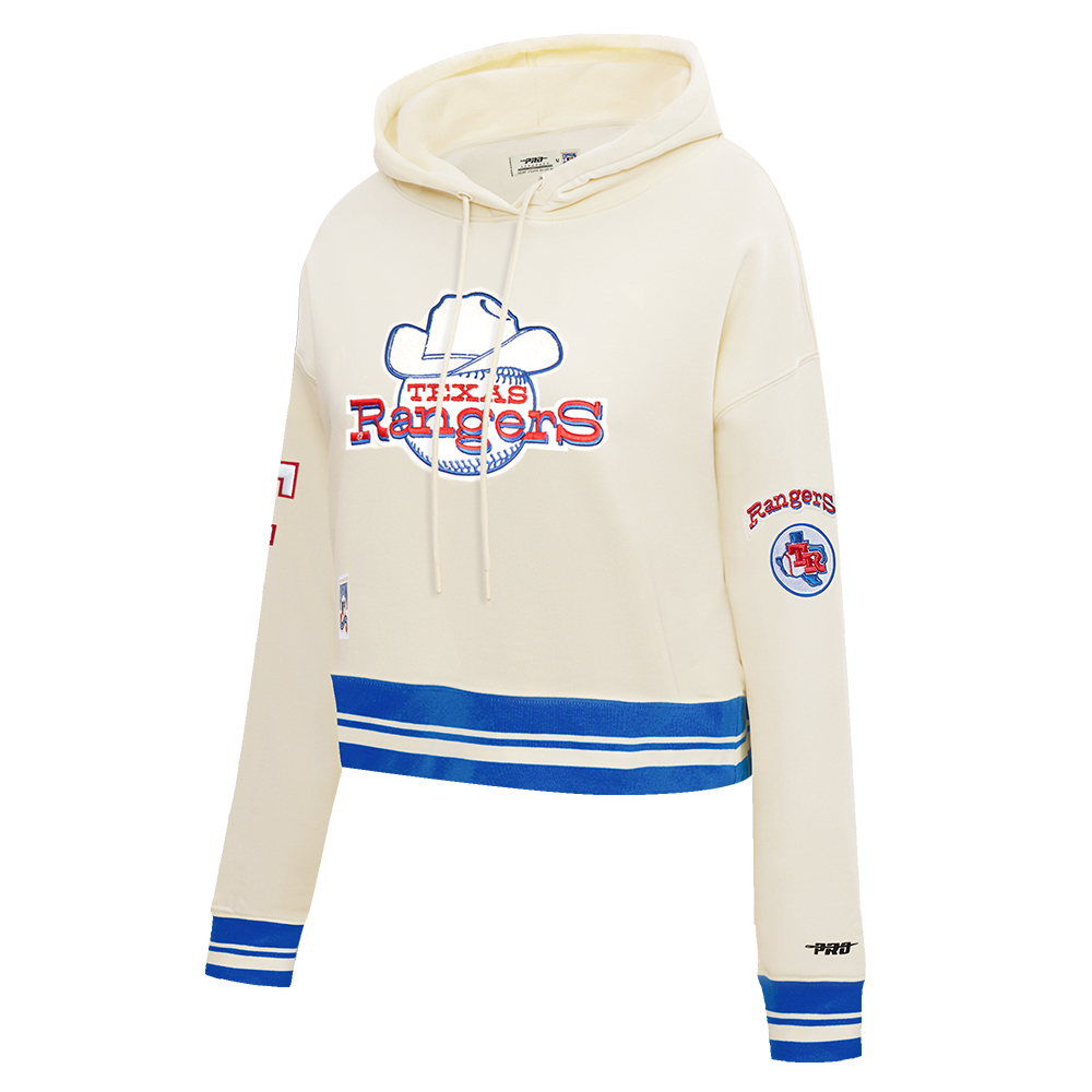 MLB TEXAS RANGERS RETRO CLASSIC WOMEN'S RIB CROPPED PULLOVER HOODIE (EGGSHELL/ROYAL BLUE)