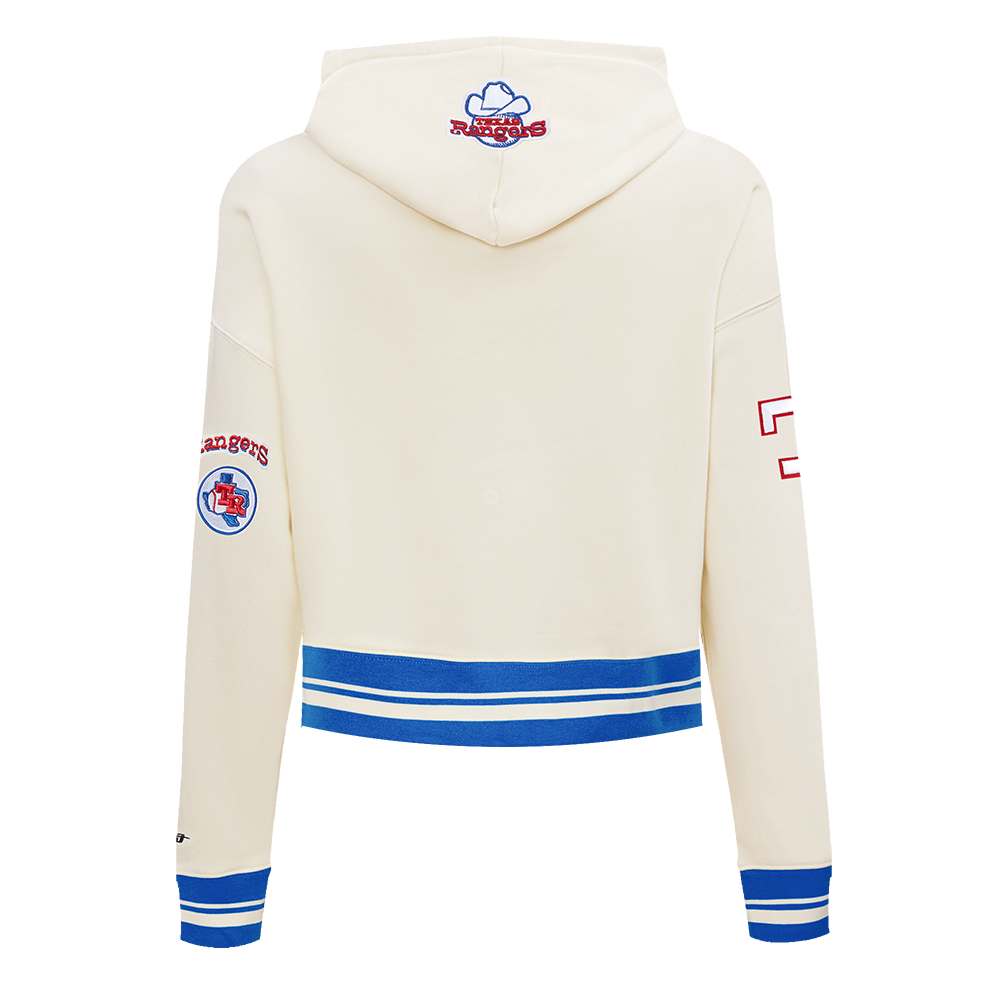 MLB TEXAS RANGERS RETRO CLASSIC CHANDAIL À CAPUCHON COURT CÔTELÉ POUR FEMME (COQUILLE D'ŒUF/BLEU ROYAL)