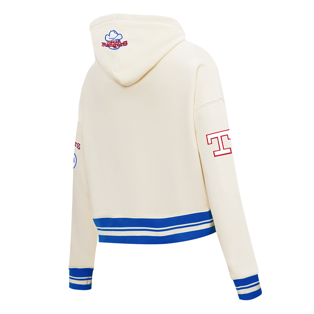 MLB TEXAS RANGERS RETRO CLASSIC CHANDAIL À CAPUCHON COURT CÔTELÉ POUR FEMME (COQUILLE D'ŒUF/BLEU ROYAL)