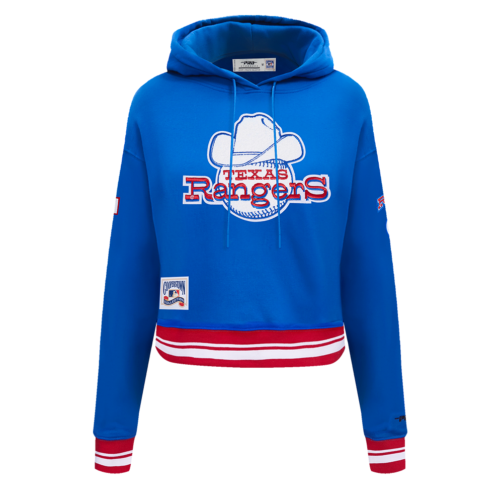 MLB TEXAS RANGERS RETRO CLASSIC WOMEN'S RIB CROPPED PULLOVER HOODIE (ROYAL BLUE/RED)