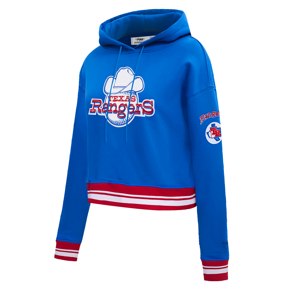 MLB TEXAS RANGERS RETRO CLASSIC WOMEN'S RIB CROPPED PULLOVER HOODIE (ROYAL BLUE/RED)