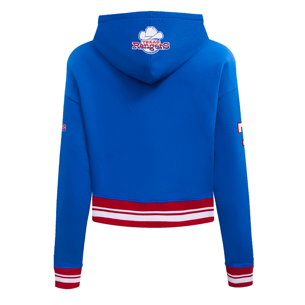 MLB TEXAS RANGERS RETRO CLASSIC WOMEN'S RIB CROPPED PULLOVER HOODIE (ROYAL BLUE/RED)