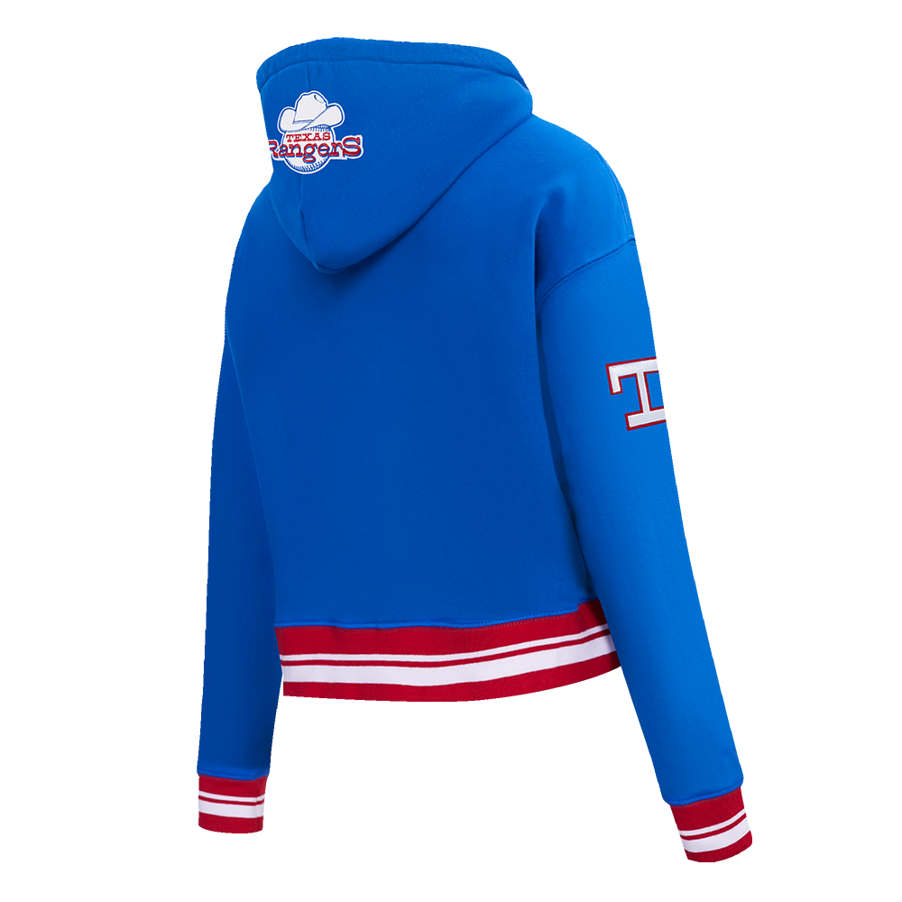 MLB TEXAS RANGERS RETRO CLASSIC WOMEN'S RIB CROPPED PULLOVER HOODIE (ROYAL BLUE/RED)