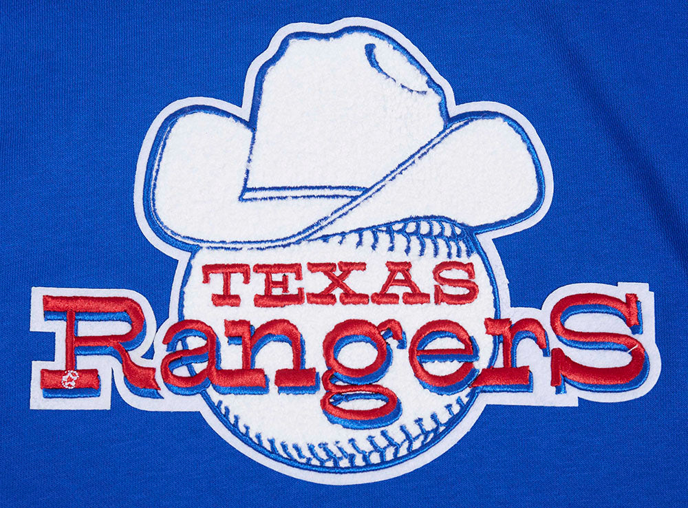 MLB TEXAS RANGERS RETRO CLASSIC WOMEN'S RIB CROPPED PULLOVER HOODIE (ROYAL BLUE/RED)