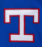 MLB TEXAS RANGERS RETRO CLASSIC WOMEN'S RIB CROPPED PULLOVER HOODIE (ROYAL BLUE/RED)