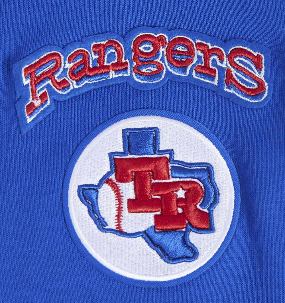 MLB TEXAS RANGERS RETRO CLASSIC WOMEN'S RIB CROPPED PULLOVER HOODIE (ROYAL BLUE/RED)