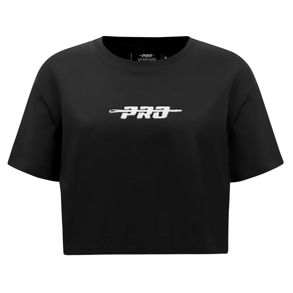 PRO STANDARD CLASSIC CHENILLE T-SHIRT EN JERSEY SIMPLE À COUPE CARRÉE ET À LOGO BLANC POUR FEMME (NOIR)