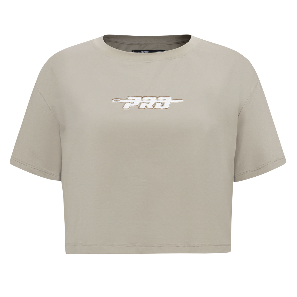 PRO STANDARD CLASSIC CHENILLE T-SHIRT EN JERSEY SIMPLE À COUPE CARRÉE ET À LOGO BLANC POUR FEMME (TAUPE)